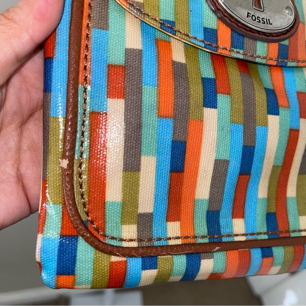 Fossil Key-Per Multicolor Stripe Crossbody Bag Small Canvas Leather Trim - Picture 8 of 8